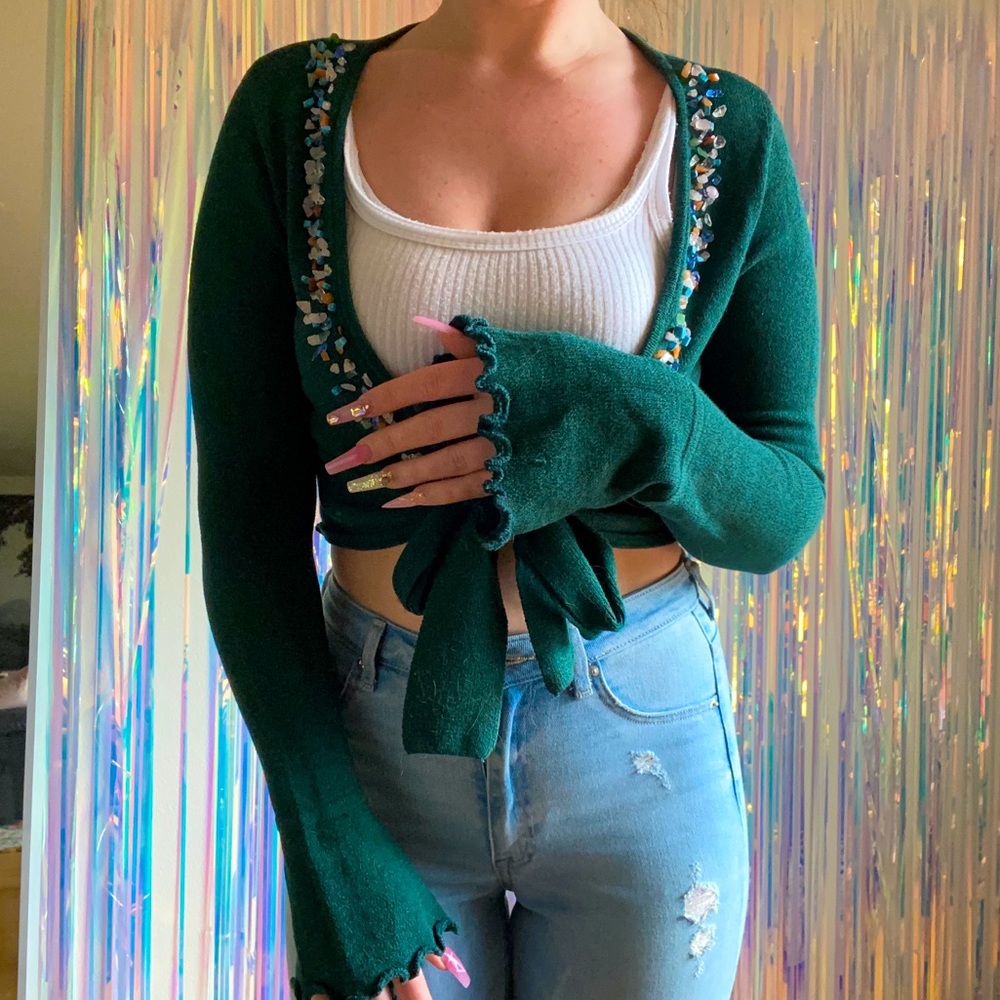 Studio Y • Cropped Tie Ballet Sweater with Polished Rock Beads